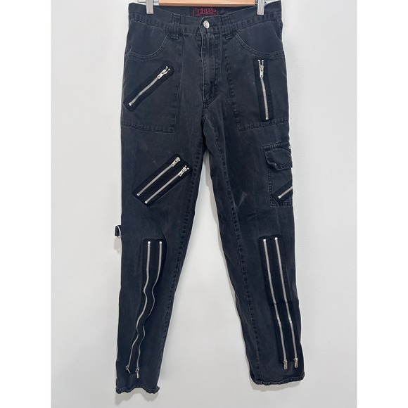 Tripp NYC Mens Black Bondage Pants Zipper Cargo Punk Goth Tapered Size 30 Emo